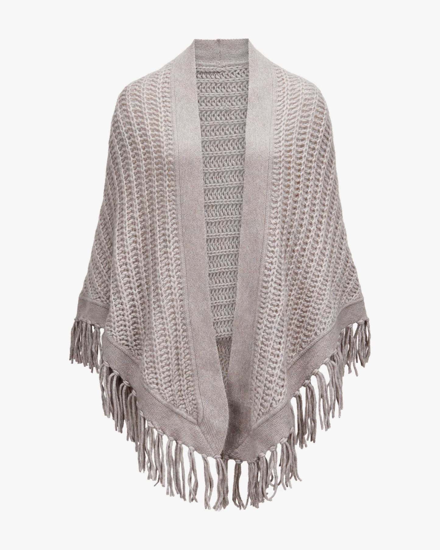 Cashmere-Baumwoll-Mix Cape in Hellgrau mit Fransen-Details