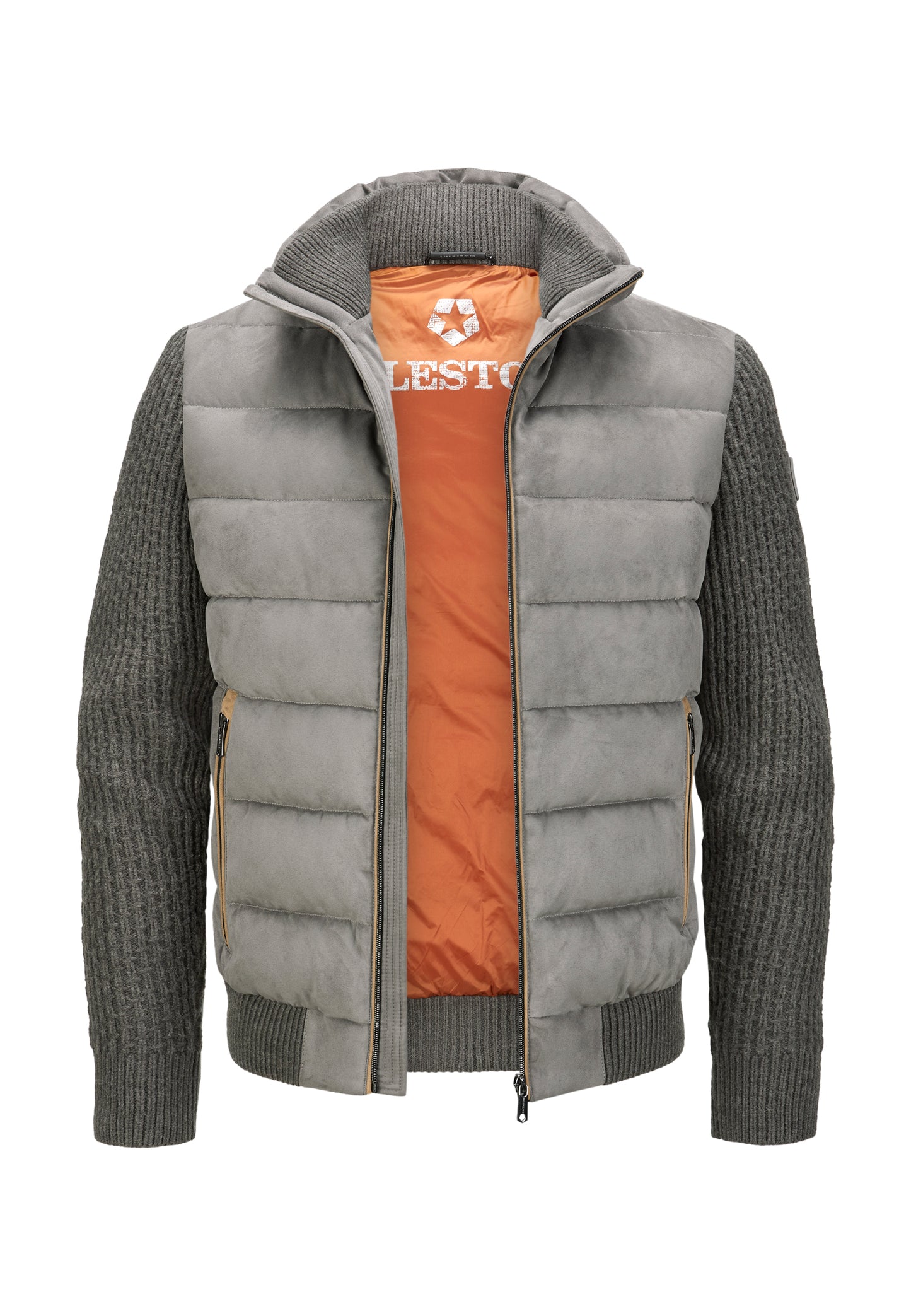 Graue Hybridjacke mit Strickdetails aus Wollmelange