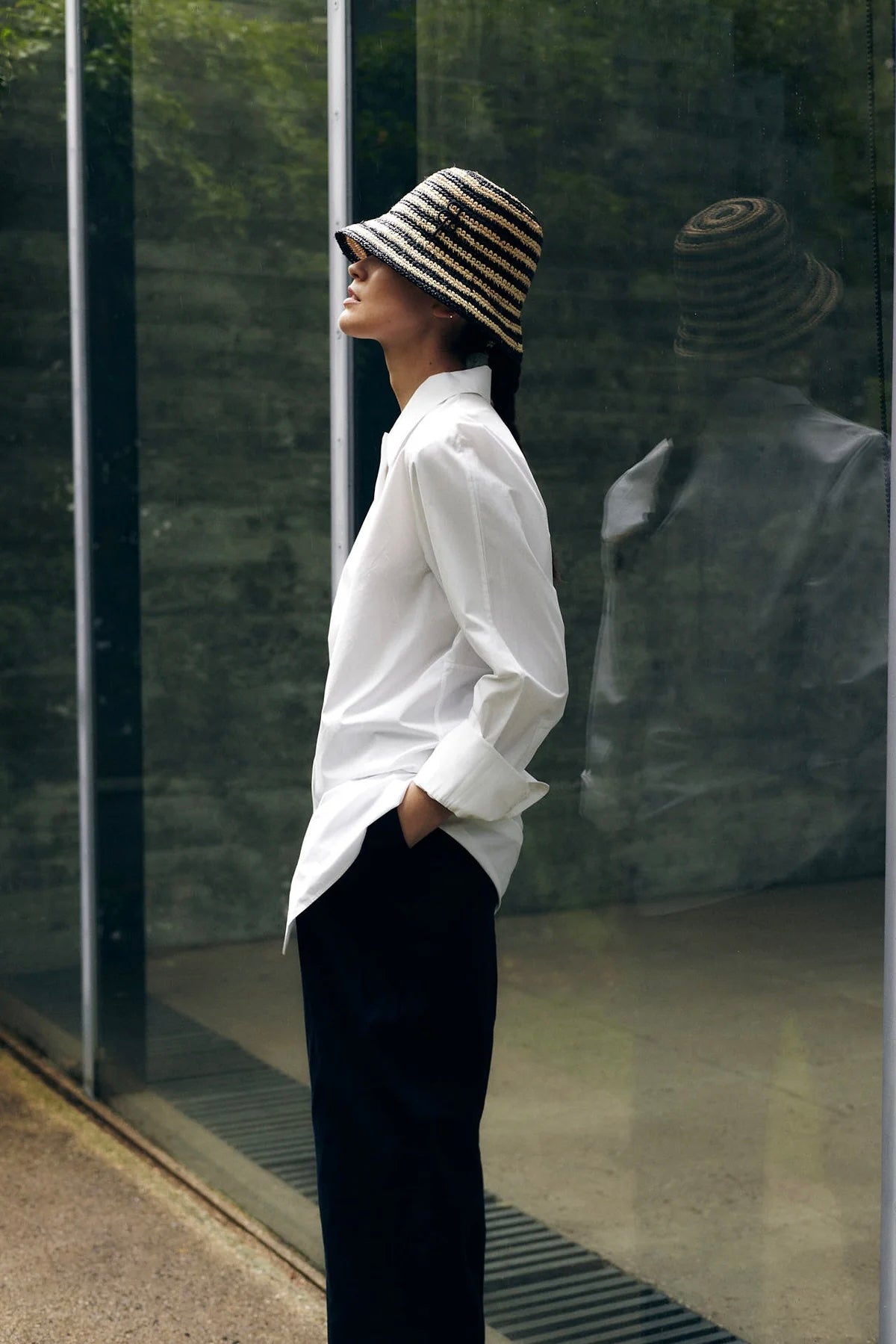 Straw Cloche Hand Crochet Black Striped Medium