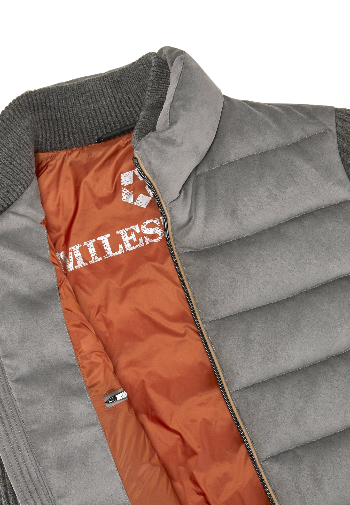 Graue Hybridjacke mit Strickdetails aus Wollmelange