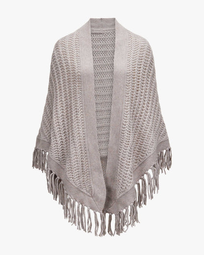 Cashmere-Baumwoll-Mix Cape in Hellgrau mit Fransen-Details