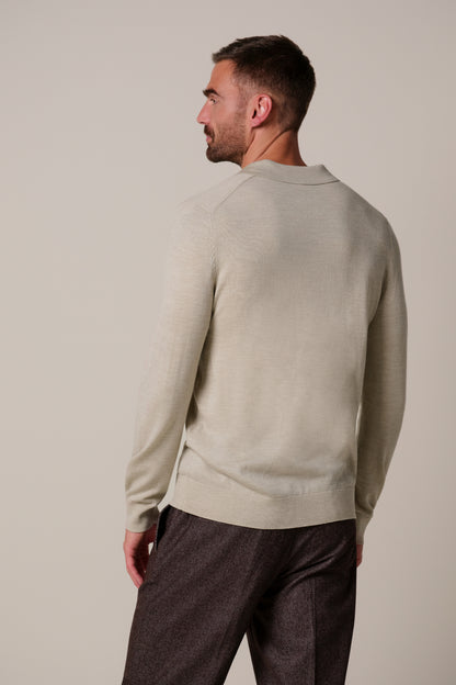 Beige Merino Open Collar Polo