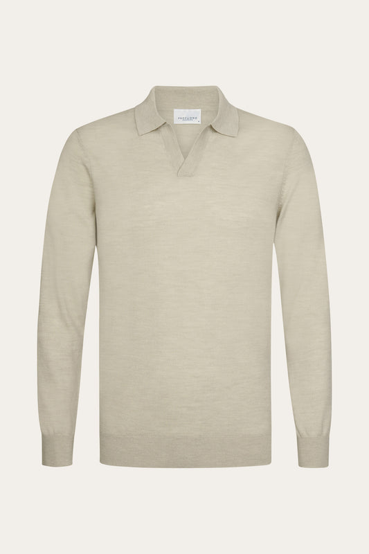 Beige Merino Open Collar Polo