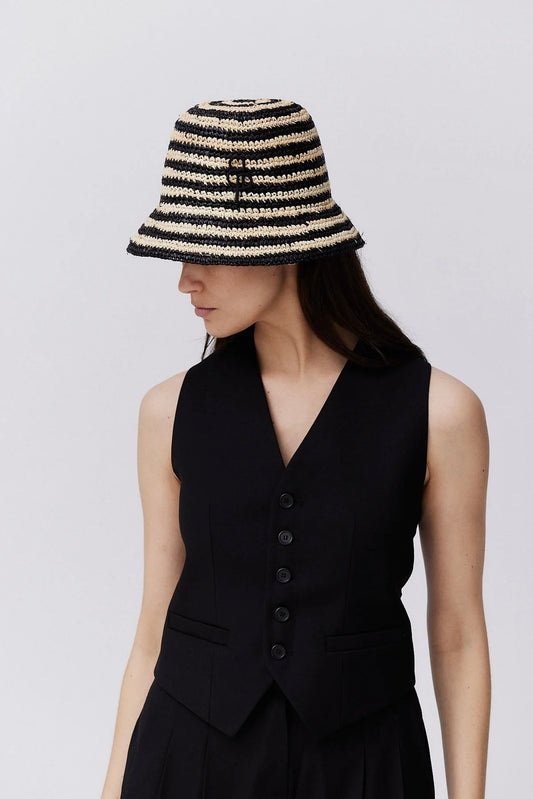 Straw Cloche Hand Crochet Black Striped Medium