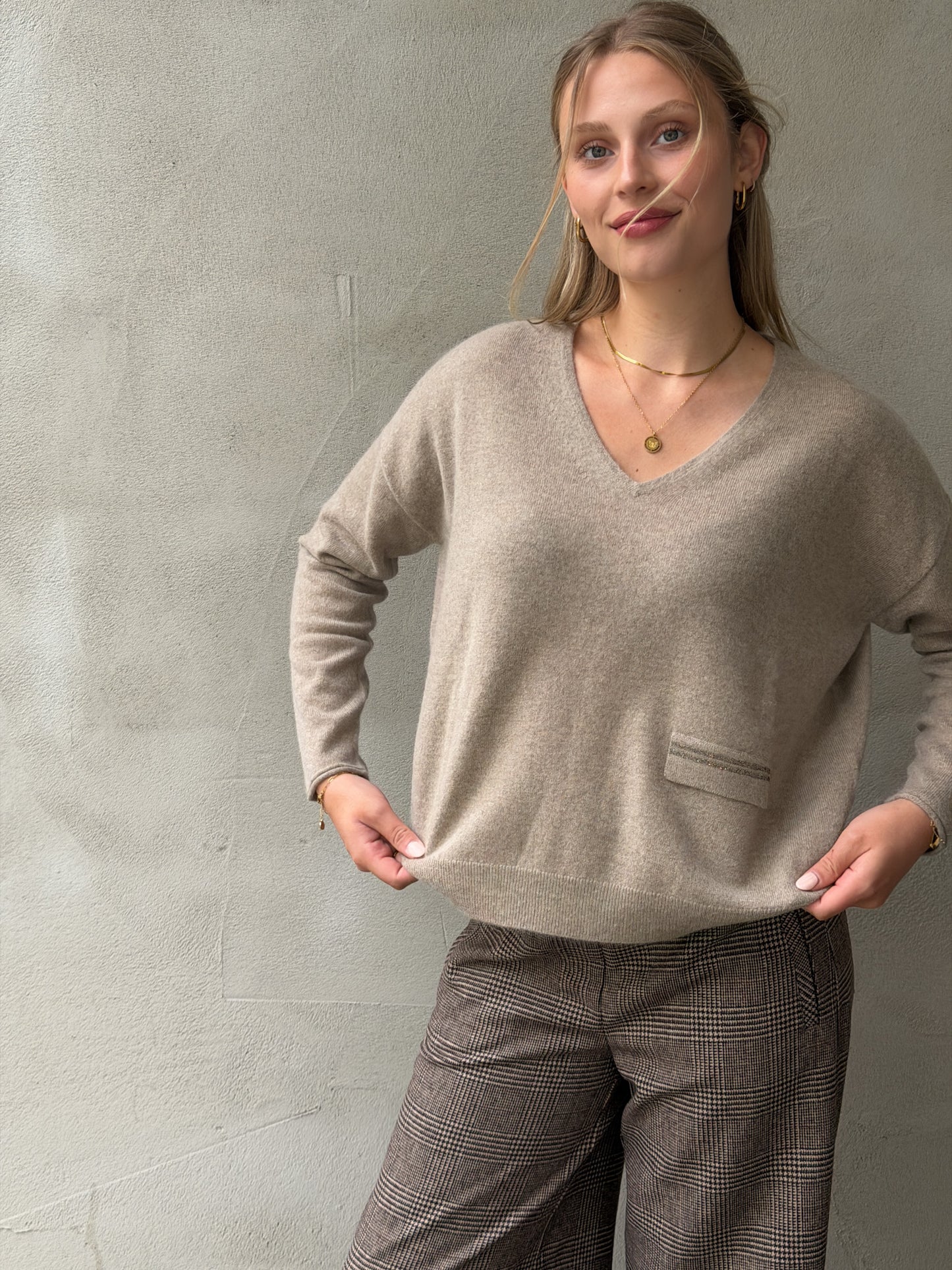 V-Neck Glitter Pocket 100% Cashmere