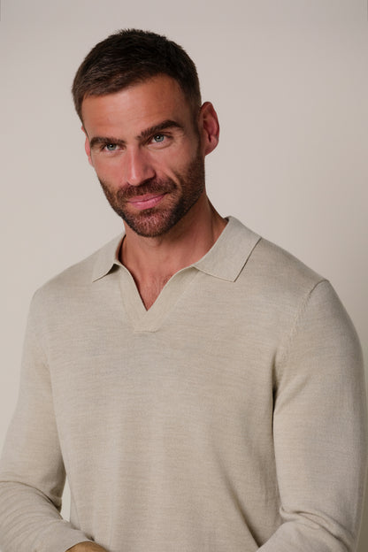 Beige Merino Open Collar Polo