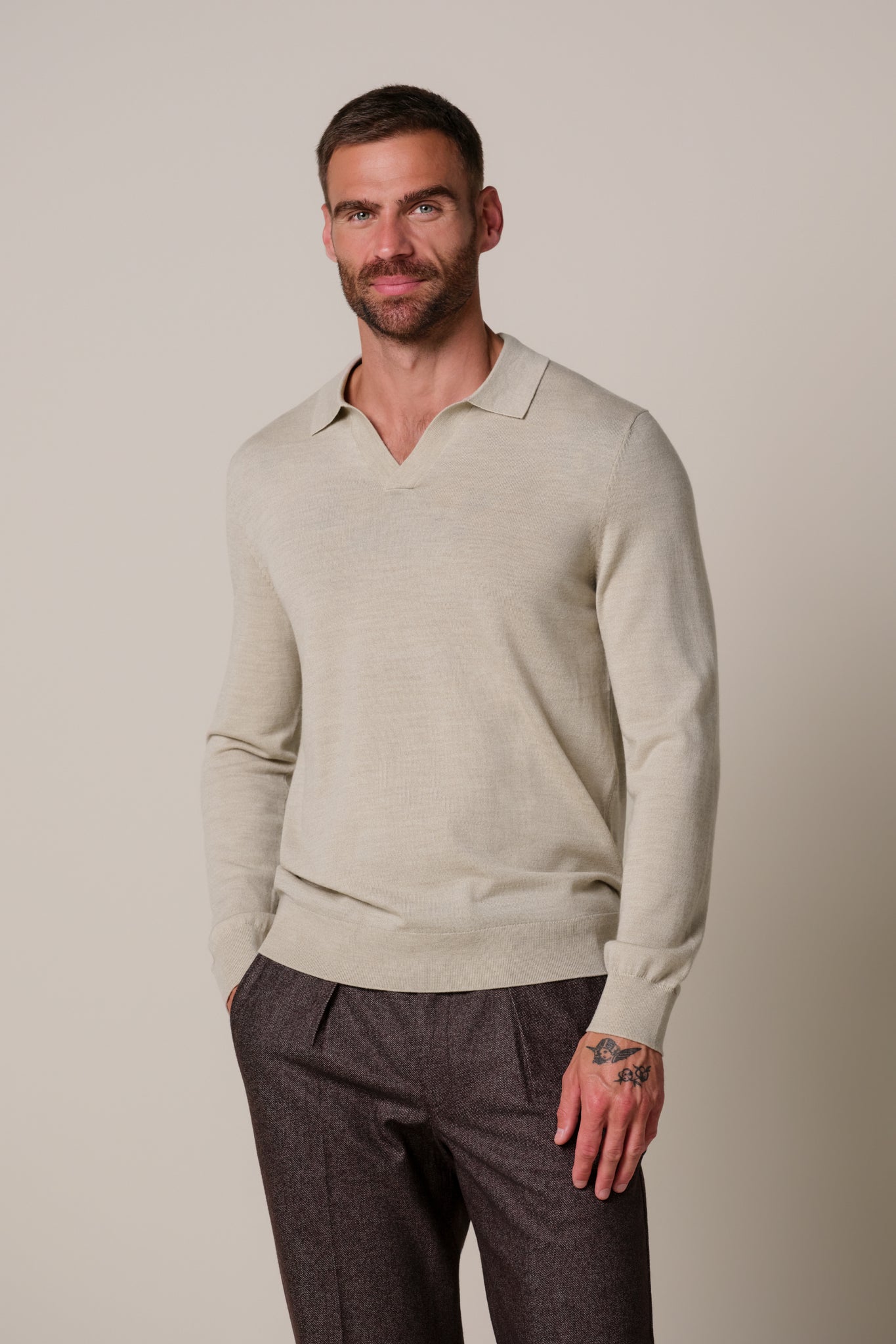 Beige Merino Open Collar Polo