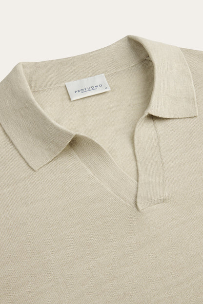 Beige Merino Open Collar Polo